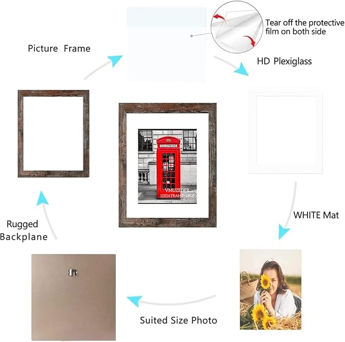 11x14 Picture Frame Rustic Brown Wood Set of 6,Display Pictures 8x10 with Mat or 11x14 Without Mat,Multi Photo Frames Collage for Wall