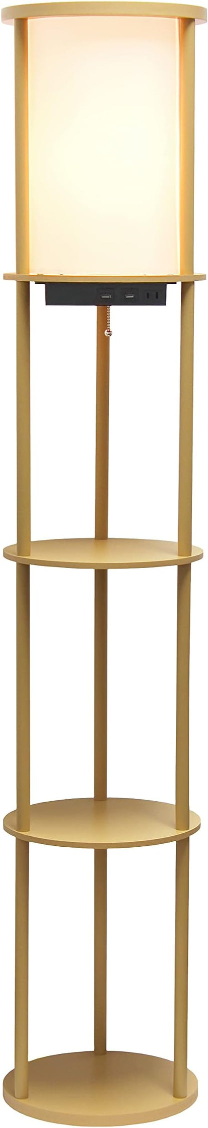 Simple Designs LF2010-TAN 62.5" Round Modern Shelf Etagere Organizer Storage Floor Lamp with 2 USB Charging Ports, 1 Charging Outlet and Linen Shade for Living Room Bedroom Office, Tan