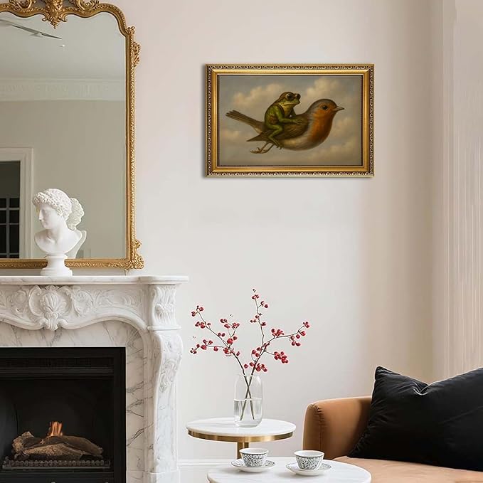 WZGZXU Gold Framed Wall Art Vintage Pictures Wall Decor Frog Riding Bird Canvas Art Funny Paintings Animal Prints Antique Artwork For Living Room Bedroom 24x36in