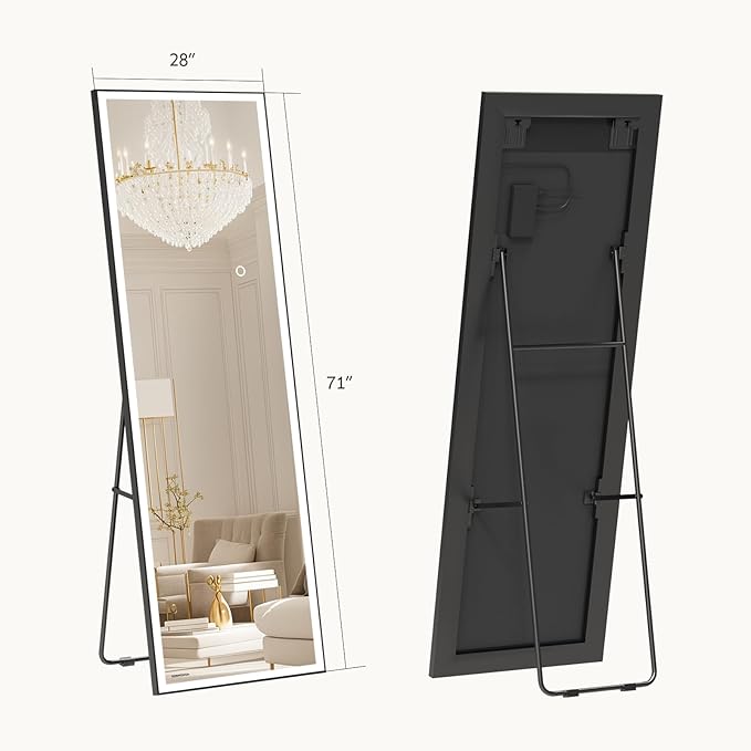 Kosmonia 71x28 Full Length Mirror, Dimmable 3 Color LED Light w/Light Memory, Distortion Free Silver Coating Mirror, HD Reflection &Anti Desilvering,Tempered Glass, Easy Setup w/Stand, Wall/Standing