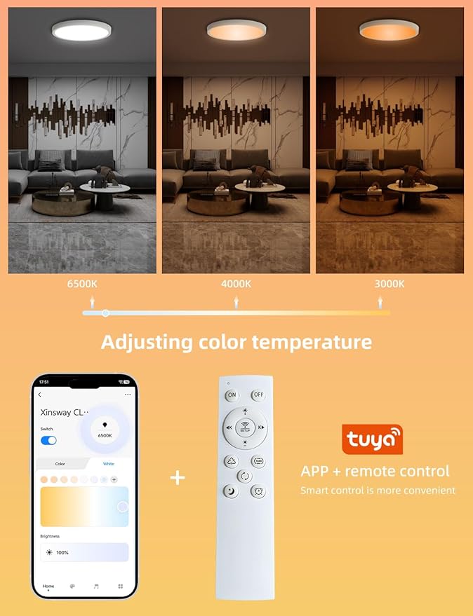 Smart Ceiling Light, 12 Inch, DIY Color Changing,Dimmable Night Light, Compatible with Alexa and Google Assistant, Light for Bedroom and Living Room, 1 Pack (White)