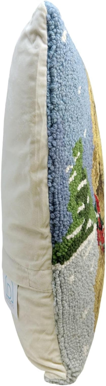 Hand Hooked Christmas Pillow - 16X16 inches Throw Pillow for Couch or Dorm (Golden Retriever)