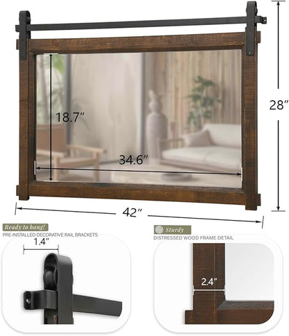 Besdomus Large Bathroom Rustic Mirror: 42"x28" Brown Barn Door Farmhouse Solid Cedar Wood Frame - Wall Decorative Mirror for Bedroom/Entryway/Bathroom - Modern Rustic Decor for Fashion-Conscious
