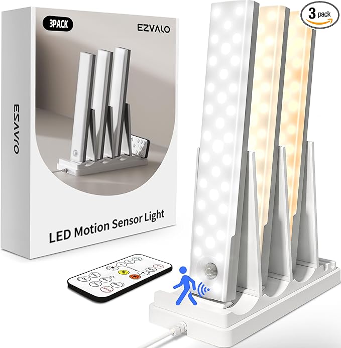 EZVALO 3-Pack Under Cabinet Lighting with Charging Station, 2000mAh Rechargeable Wireless Motion Sensor Lights, 3 Color Temps, Dimmable, Timer, Magnetic, with Remote Control for Kitchen, Closet
