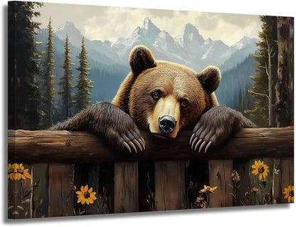 XLMDYYSW Bear Canvas Wall Art Brown Bear Pictures Wall decor Rustic Woodland Wildlife Print Forest Wild Animal Painting for Living Room Bedroom Cabin Framed (28L x 42W)