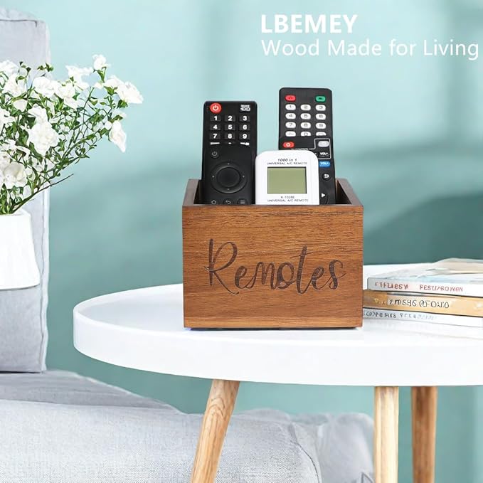 LBEMEY Acacia Wood Remote Control Holder Caddy, TV Organizer for Table, Vintage Farmhouse Desk Caddy (Brown for 3+ Controls)