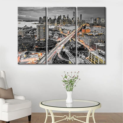 3 Panel Brooke Bridge, Manhattan, New York Cityscape Wall Decor Skyscrapers City Skyline Wall Decor for Bedroom Giclee Wooden Framed Gallery-Wrapped Ready to Hang (36" Wx24 H)