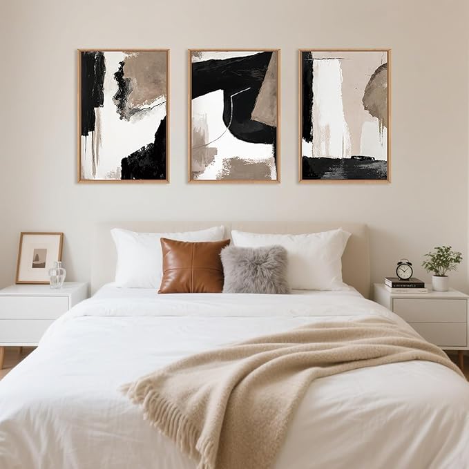 Large Modern Abstract Framed Canvas Wall Art Set, Neutral Black and Beige Color Block Wall Decor,Minimalist Pastel Tan Art Printing for Living Room,Bedroom,Office-24 x36 x3