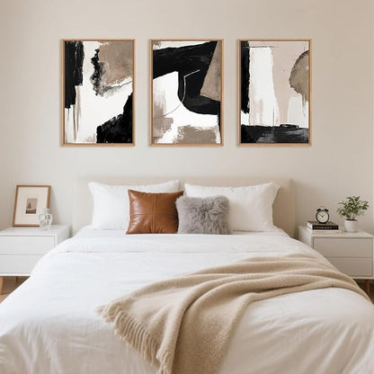 Large Modern Abstract Framed Canvas Wall Art Set, Neutral Black and Beige Color Block Wall Decor,Minimalist Pastel Tan Art Printing for Living Room,Bedroom,Office-24 x36 x3