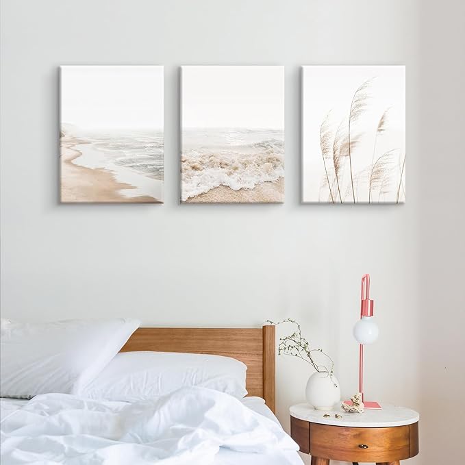 HDXUFJQ Neutral Beach Coastal Canvas Wall Art Beach Boho Botanical Pampas Grass Wall Decor Minimalist Nature Landscape Pictures Painting Summer Ocean Prints Waves Artwork(12"x16")