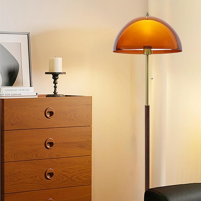 Tea Brown Dome Acrylic Shade Floor Lamp with Pull Chain,Mushroom Standing Lamp with Golden Base,Mid Century Modern Floor Light for Living Room Bedroom and Office
