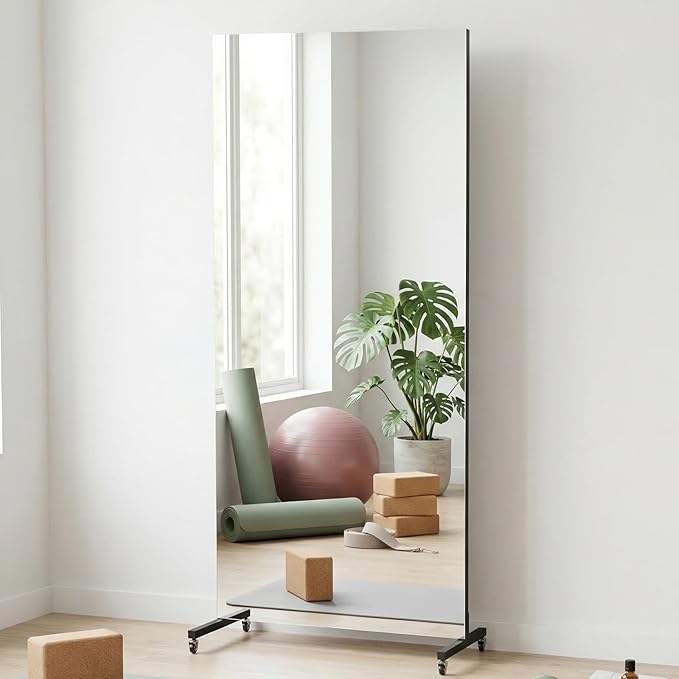 brisafe 75" x 32" Full Length Rolling Floor Mirror on Lockable Wheels, Large Rectangular Shatter-Resistant Safety Glass, for Home Dance Studio & Yoga, Black Metal Frame and Stand