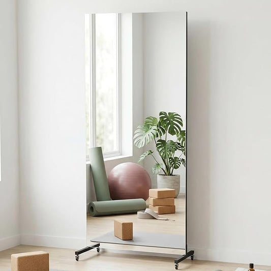brisafe 75" x 32" Full Length Rolling Floor Mirror on Lockable Wheels, Large Rectangular Shatter-Resistant Safety Glass, for Home Dance Studio & Yoga, Black Metal Frame and Stand