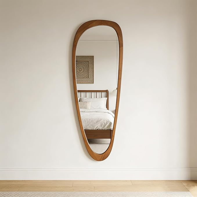 Ruomeng Full Length Irregular Wall Mirror, 60 x 22 Inch Wooden Mirror, Boho Large Decorative Asymmetrical Mirror for Bathroom, Living Room, Bedroom, Entryway, Farmhouse, Tempered Glass, Shatterproof