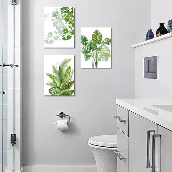 Enartly Green Leaf Wall Art Nature Plants Canvas Minimalist Leaves Prints Botanical Picture Tropical Floral Painting Artwork Framed for Bathroom Living Room Bedroom Office Home Decor 12"x16"x3