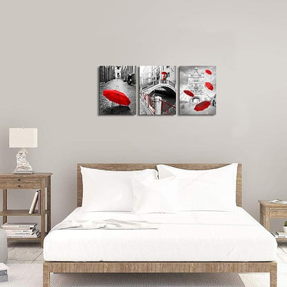 AHUAART Wall Art for Living Room Bathroom Decorations Bedroom Wall decor 3 Piece Framed Artwork modern Canvas Print Office Home Decoration Black and white landscape building red umbrella wall painting