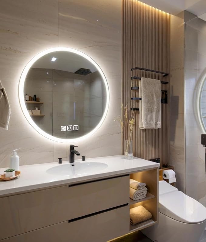28 inches Round LED Bathroom Mirror with Lights, Anti-Fog, Dimmable, Backlit + Front Lit, Lighted Bathroom Vanity Mirror for Wall, Memory Function, Tempered Glass, Shatter-Proof