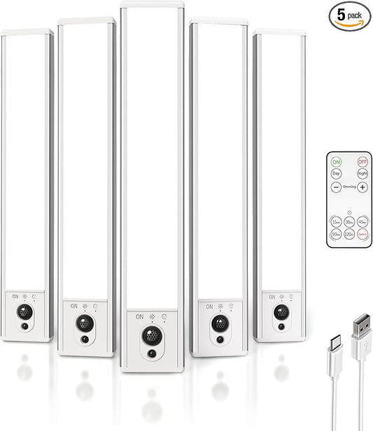 EZVALO 5-Pack Under Cabinet Lighting, 2400mAh Motion Sensor Light, LED Closet Lights Wireless, 6500K Dimmable, Timer, Magnetic, with Remote Control for Kitchen, Closet, Stair