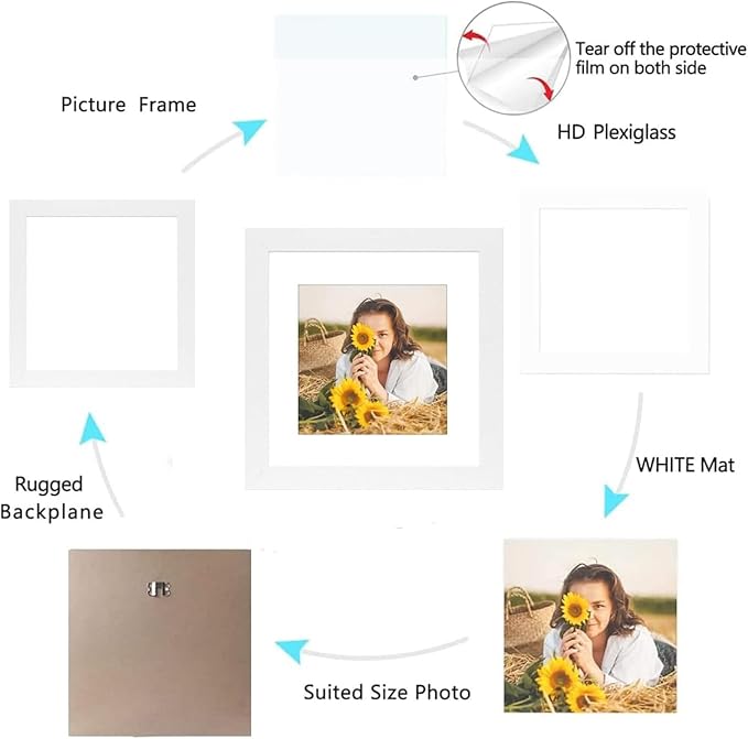 12x12 Picture Frame Rustic White Wood Set of 6,Display Pictures 8x8 with Mat or 12x12 Without Mat,Multi Photo Frames Collage for Wall or Tabletop Display
