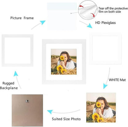 12x12 Picture Frame Rustic White Wood Set of 6,Display Pictures 8x8 with Mat or 12x12 Without Mat,Multi Photo Frames Collage for Wall or Tabletop Display
