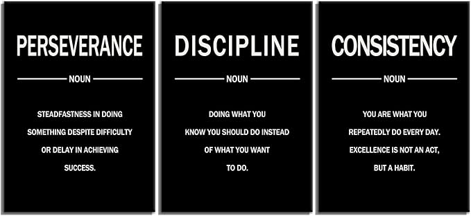 3 Pieces Motivational Canvas Wall Art Perseverance Discipline Consistency Inspirational Quotes Poster Print Positive Wall Decor Artwork for Living Room Workplace Stretched and Framed [60''W x 28''H]