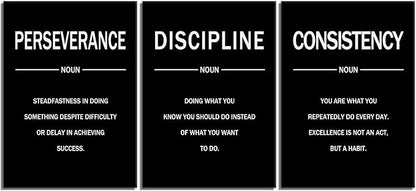 3 Pieces Motivational Canvas Wall Art Perseverance Discipline Consistency Inspirational Quotes Poster Print Positive Wall Decor Artwork for Living Room Workplace Stretched and Framed [60''W x 28''H]