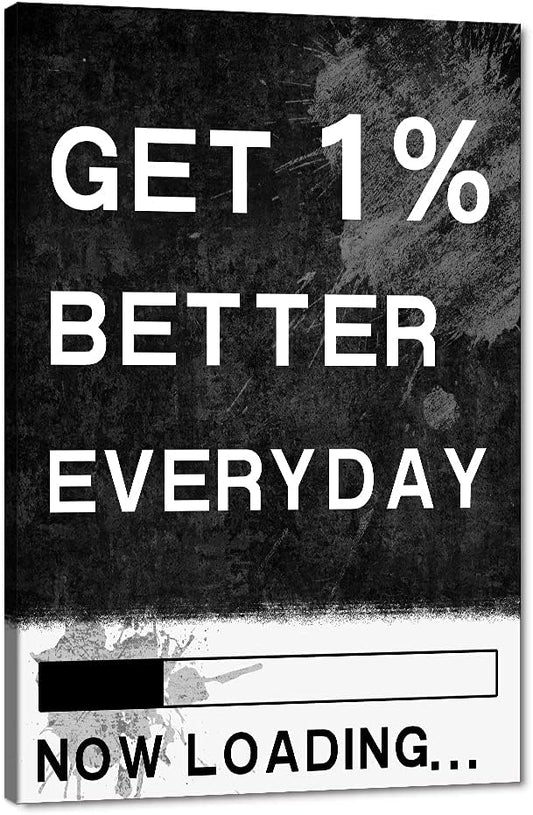 Get 1% Better Everyday-Motivational Framed Canvas Wall Art Retro Black and White Inspirational Office Artwork HD Print for Living Room Bedroom Wall Decor Framed and Stretched Ready to Hang-12 Wx16 H
