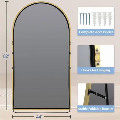 Oversized Floor Mirror Full Length 82"X44", Extra Large Arched Full Length Mirror with Stand, Tempered Glass Gold Standing Mirror for Bedroom Living Room Clothing Store Gym, Aluminum Alloy Frame