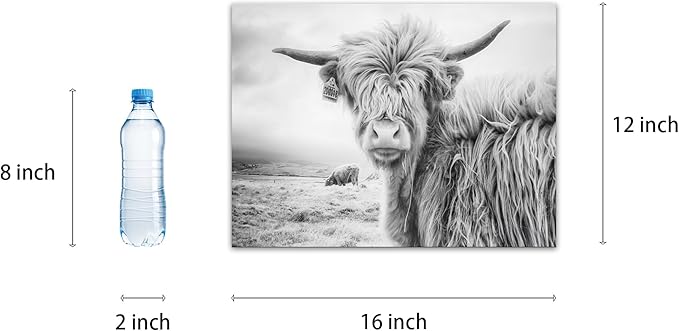 Black and White Cow Bull Yak Canvas Picture Wall Decor Farmhouse Baby Highland Cow Decor Bathroom Picture Wall Art Framed for Home Office (12x16 inch)