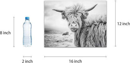Black and White Cow Bull Yak Canvas Picture Wall Decor Farmhouse Baby Highland Cow Decor Bathroom Picture Wall Art Framed for Home Office (12x16 inch)