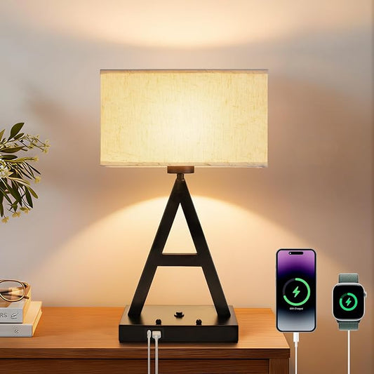 Button Control Table Lamp, Black A-Shape: 3-Way Dimmable Desk Lamp with USB C & USB A Ports, Fabric Shade Bedside Lamp with Phone Stand for Office, Bedroom, Living Room, Includes LED Bulb