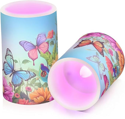 ALAZA Spring Color Butterflies Flowers Flickering Flameless Candles Battery Operated with Remote Timer,Tea Light Candles LED Pillar Votive Candles Set of 2 for Outdoor Indoor Decorations