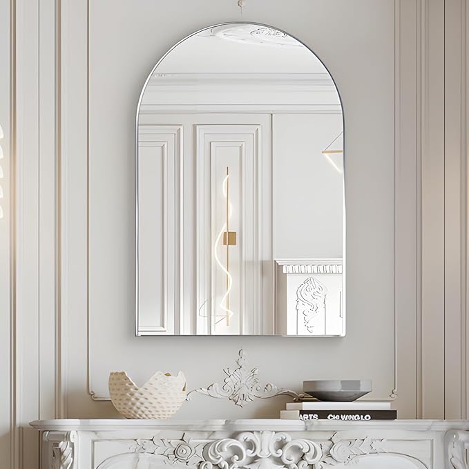 Wall Mounted Mirror, Arched Wall Mirror for Bathroom, 24"x36" Arch Bathroom Mirror with Metal Frame, Silver Vanity Mirror Decor for Mantle, Bedroom, Entryway, Living Room