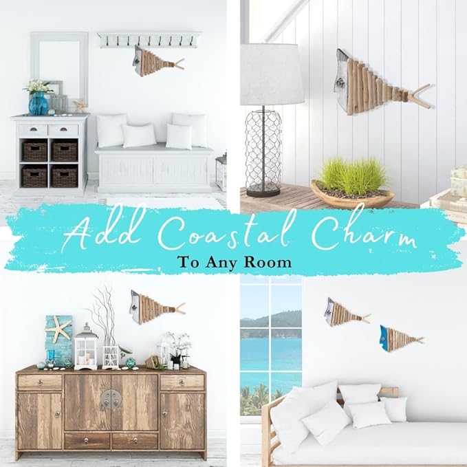 Driftwood Fish Nautical Wall Decor - Handmade Wooden Rustic Coastal Wall Art for Living Room, Bedroom, Office, Bathroom - Ocean Beach Decoration (Misty)
