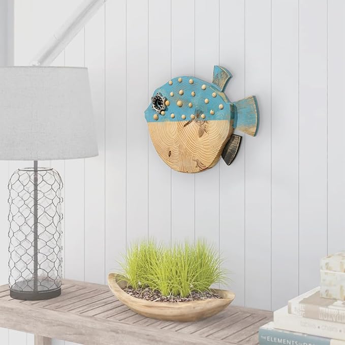 Driftwood Fish Nautical Wall Decor - Handmade Wooden Rustic Coastal Wall Art for Living Room, Bedroom, Office, Bathroom - Ocean Beach Decoration (Bubba)