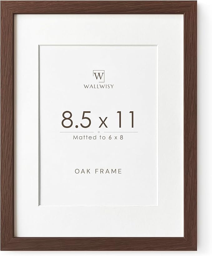 8.5x11 Picture Frame, Solid Oak Wood 8.5 by 11 Picture Frame with Mat to 6x8(Openning Size is 5.5x7.5), 11x8.5 Natural Oak Frames for Wall and Tabletop Display, (Walnut Set of 1)