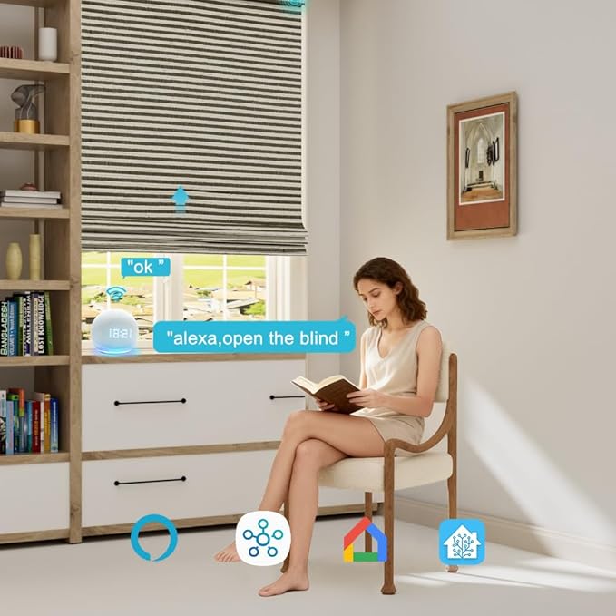 Motorized Bamboo Roman Blinds with Remote, Woven Roman Shades Compatible with Alexa Google Home, Automatic Bamboo Blind for Indoor Windows CustomSize(Monsoon Stripe)