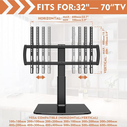 Universal Tabletop TV Stand with Wall Mount for 32 to 70 inch 4 Level Height Adjustable, Heavy Duty Tempered Glass Base, Holds up to 110lbs Screens, HT03B-002