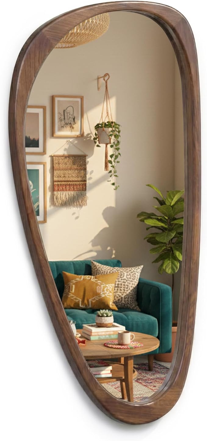 Solid Wood 48"x24" Large Full Length Irregular Mirror, Aesthetic Mid-Century Modern Statement Wall-Mounted Mirror, Modern Organic Asymmetrical Wooden Mirror, Dark Walnut