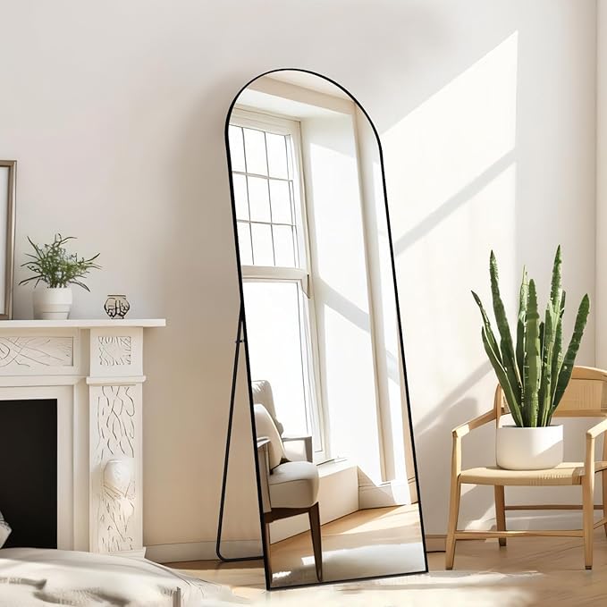 Arched Mirror Full Length, Upgraded 16"x59" Body Wall Mirrors with Shatter-Proof Glass, Floor Standing, Hanging or Leaning, Tall Arch Mirror with Stand Aluminum Alloy Frame for Bedroom, Black