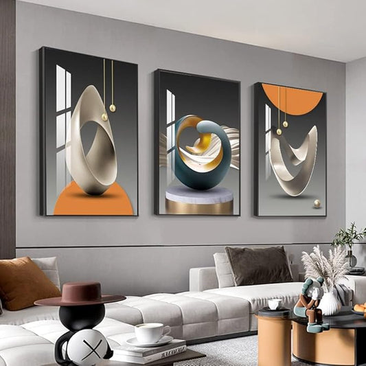 MPLONG Bright Style Framed Wall Art - Abstract Modern Shape Pattern in White, Blue, Yellow, Grey - Artfully Matching Living Room, Bedroom, Office Decor - 16"x 24"x 3 Panels