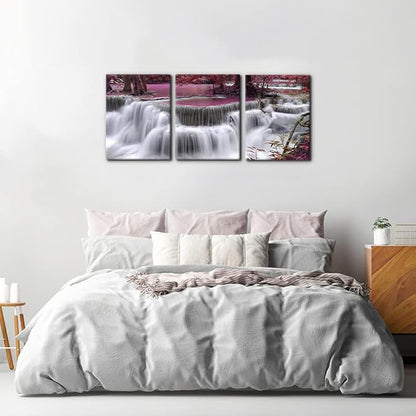 Pacimo Red Forest Canvas Wall Art 3 Pieces Waterfall Canvas Print Landscape Picture Paintings on Canvas Wall Artwork for Office and Home Décor Stretched Framed Ready to Hang - 12"x16"x3 Panel