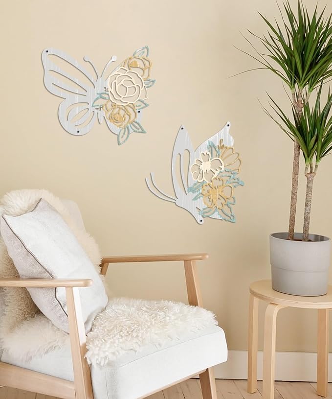 Putuo Decor 2 Pieces Butterfly Metal Wall Decor Floral Iron Wall Sculptures Modern Minimalist Butterfly Flower Wall Art for Living Room Bedroom Hallway Kitchen Bathroom Home Decoration