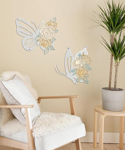 Putuo Decor 2 Pieces Butterfly Metal Wall Decor Floral Iron Wall Sculptures Modern Minimalist Butterfly Flower Wall Art for Living Room Bedroom Hallway Kitchen Bathroom Home Decoration