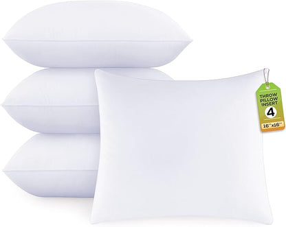 GOLD TEXTILES White Throw Pillows Insert (Pack of 4) - 16 x 16 Inches Polyester Sham Stuffer Throw Pillow - Lightweight Square Indoor Decorative Pillows - Bed and Cushion Couch Pillows