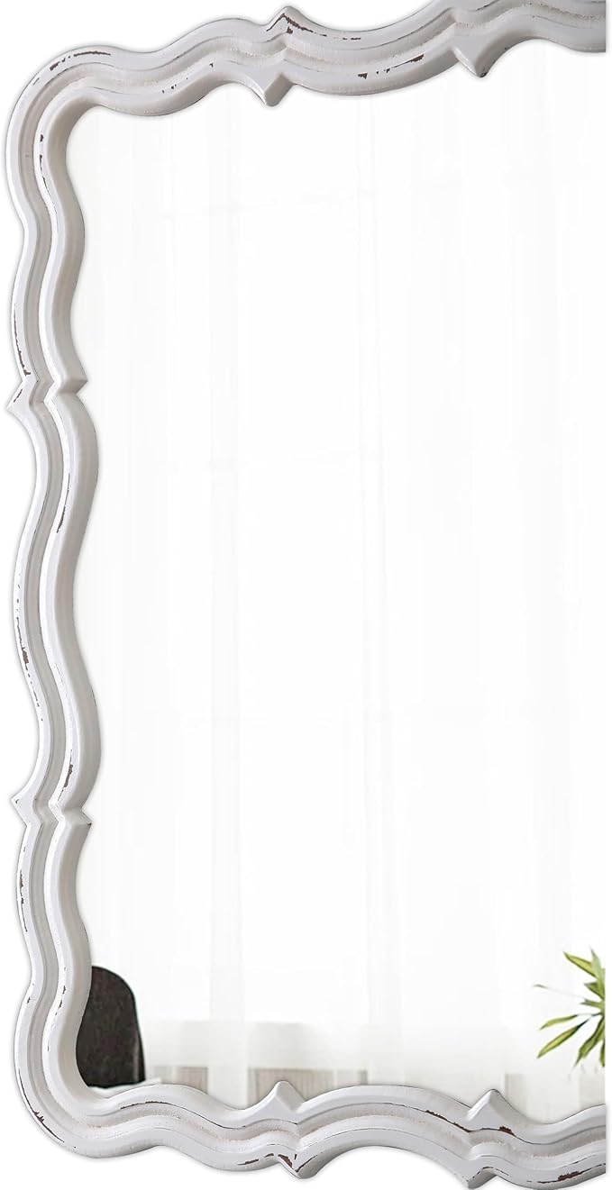 Rustic Scalloped Wall Mirror Decorative 24 X 18 Inch, Hanging Distressed White Wavy Wooden Frame Farmhouse Rectangular Mirrors for Wall Decor Living Room Bathroom, Horizontal or Vertical
