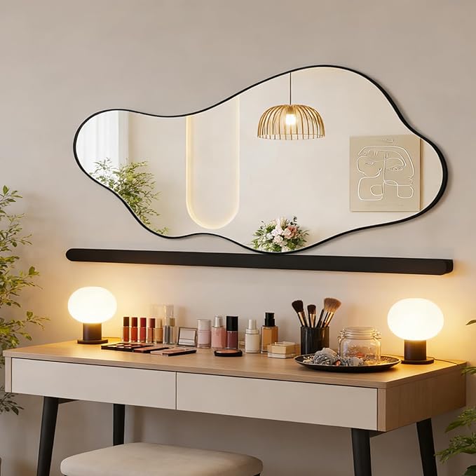 Irregular Wall Mirror, 47"x22" Asymmetrical Aesthetic Mirror with Metal Frame, Modern Organic Shaped Mirror for Living Room Bedroom Hallway Entryway, Horizontal or Vertical Hanging