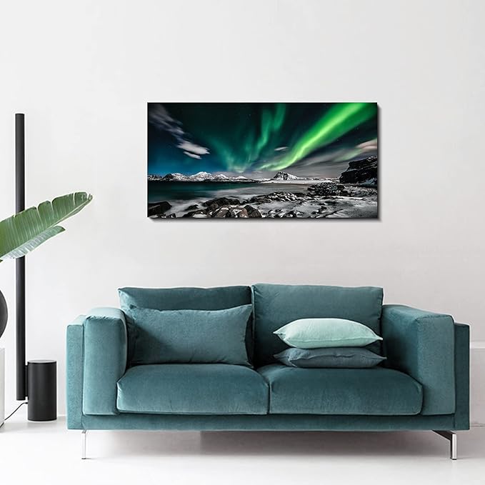 Northern Lights Canvas Print Large Green Picture Aurora Borealis Canvas Wall Art Painting for Living Room SnowyMountainsLandscape Poster Picture Wooden Framed Prints Ready to Hang