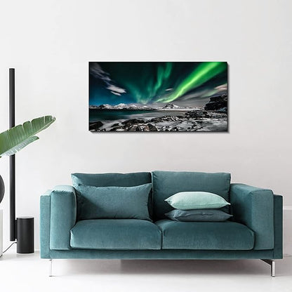 Northern Lights Canvas Print Large Green Picture Aurora Borealis Canvas Wall Art Painting for Living Room SnowyMountainsLandscape Poster Picture Wooden Framed Prints Ready to Hang