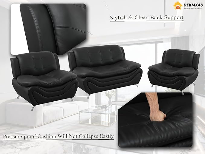 Faux Leather Sofa Set, Living Room Furniture Sets, 3PCS Sofa Couches Black Loveseat and 2 Chairs for Bedroom, Apartment, for Living Room